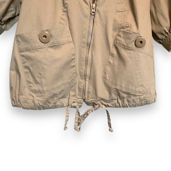 Vntg Y2k Sharagano Studio Cropped Utility Bomber Jacket Sz L Tan Puff Sleeve - Picture 4 of 13